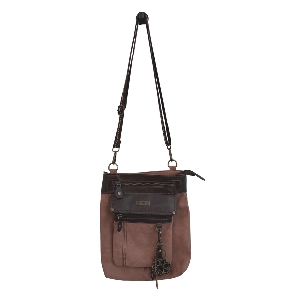 Chala Handbags Mauve Brown Faux Leather Crossbody Messenger Bag Paw Print Charm